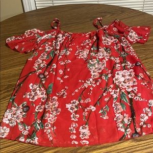 red dress with flowers. off the shoulder sleeves and spaghetti strap. size XL